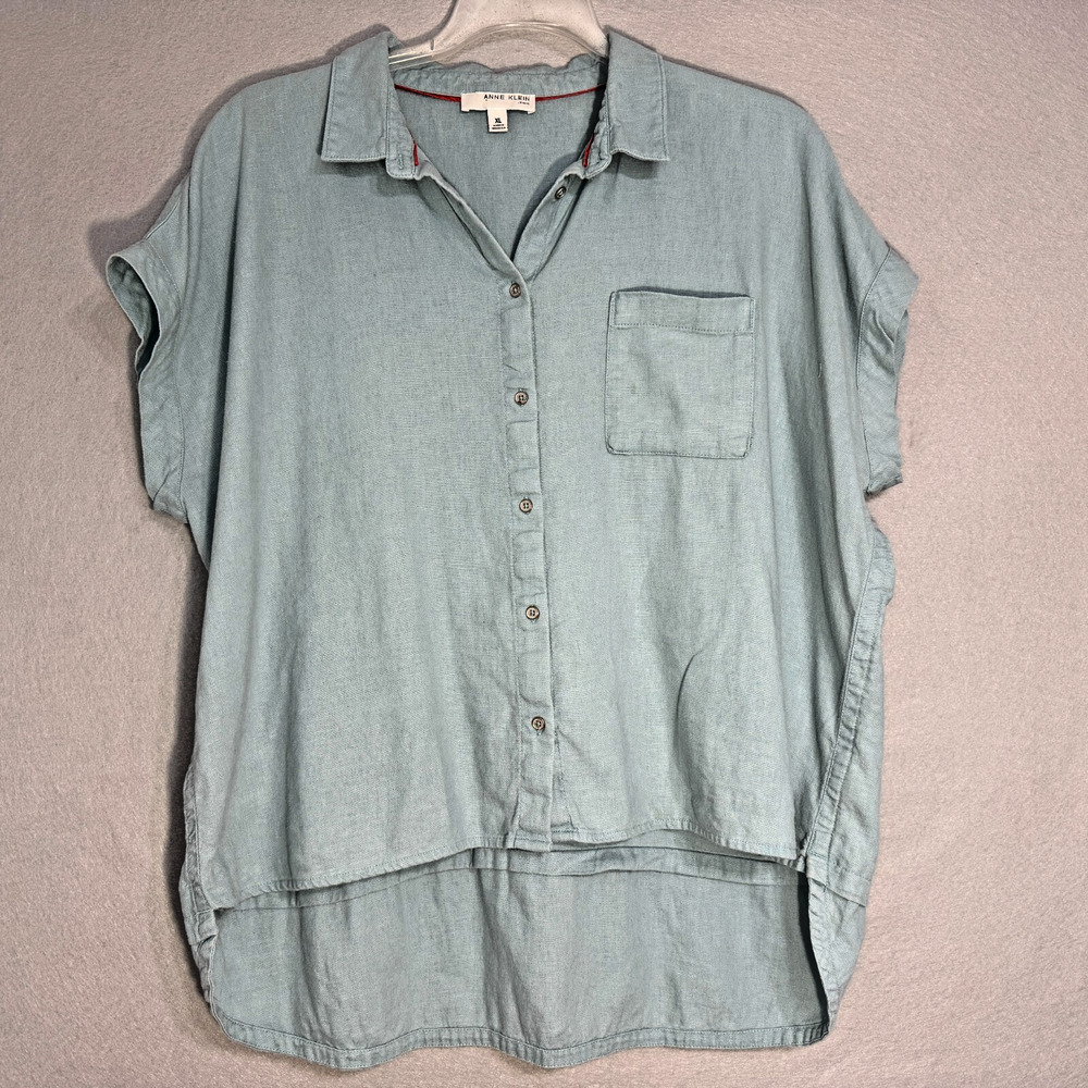 Ann‎ Klein Jeans Womens High Low Linen Blend Top Size XL Camp Oversized Classic